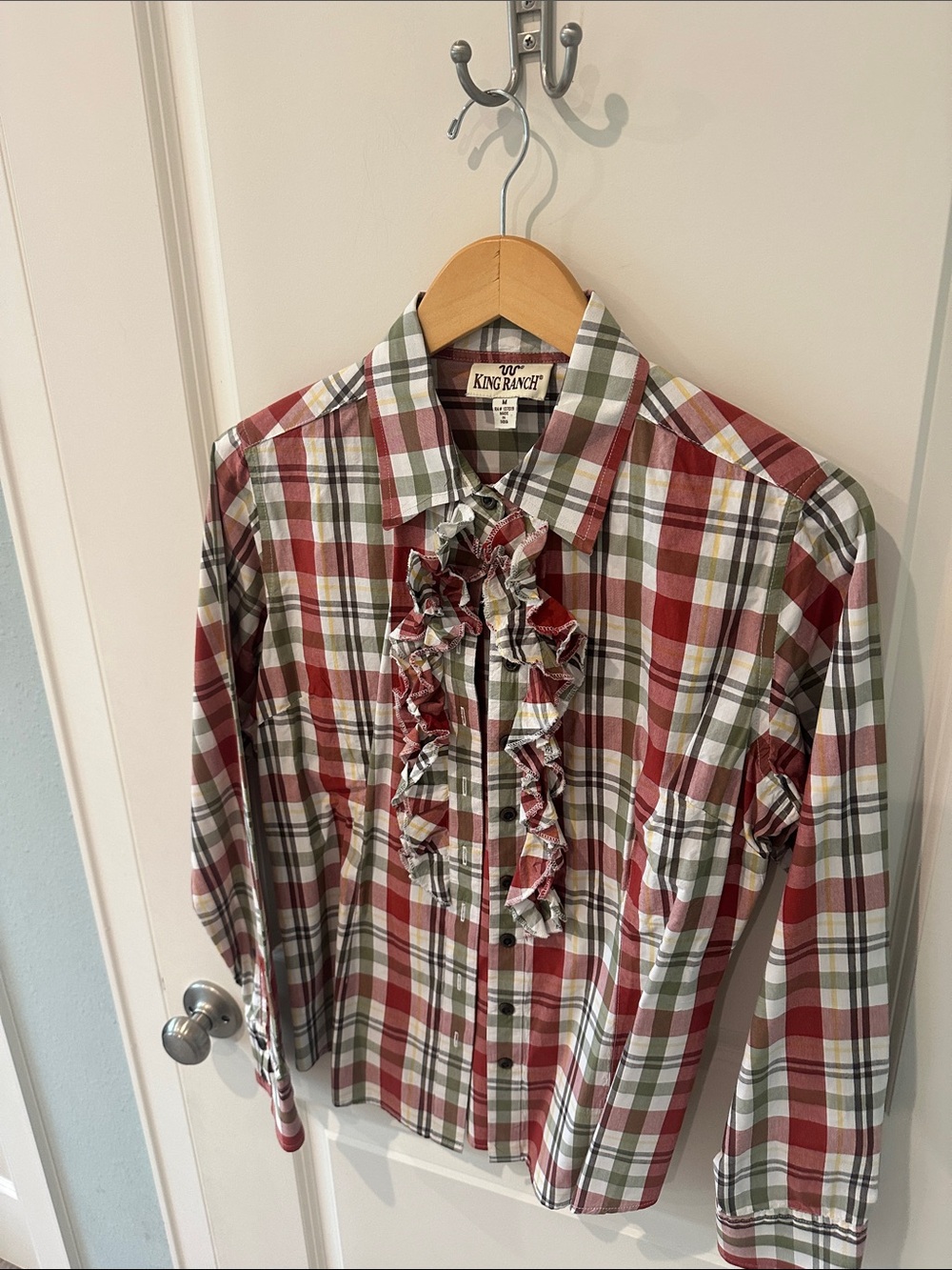 King Ranch Women's Red Plaid Ruffle Button-Down Shirt